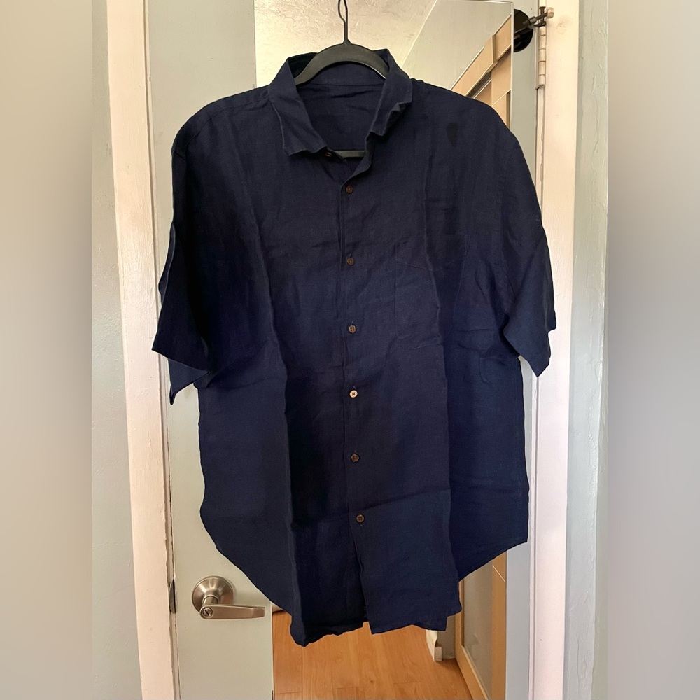 Navy Button Down Short Sleeve Linen Shirt, M(?)